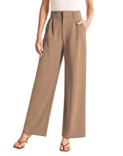 High Waisted Wide Leg Pants for Women Business Casual Dress Pant Palazzo Long Work Trousers with Pockets Khaki 2XL